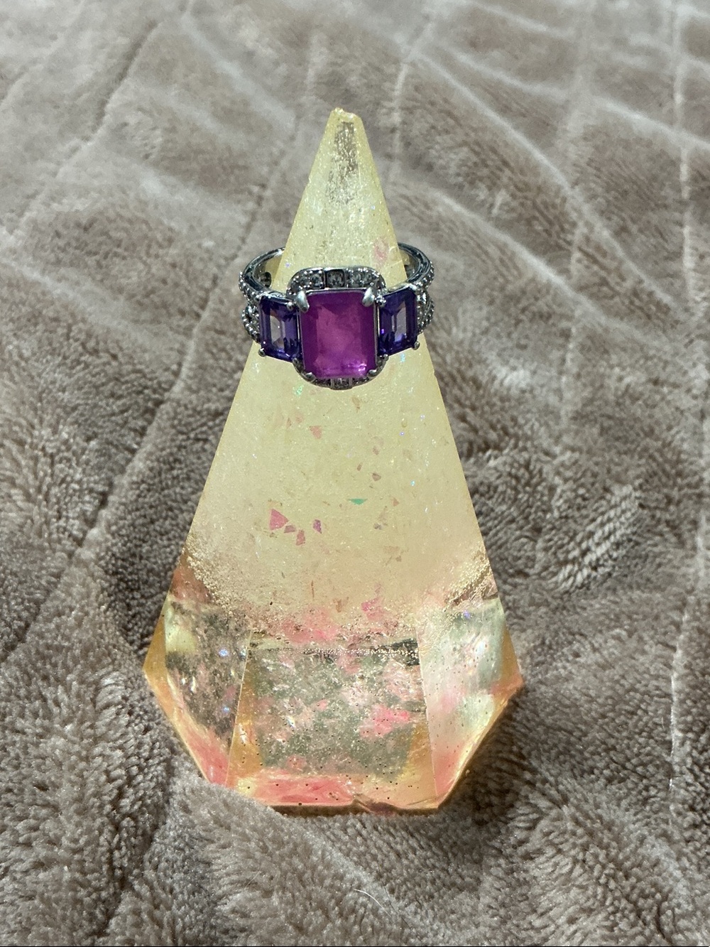 Purple Three-Stone Gem Ring in Silver Tone - Women Jewelry